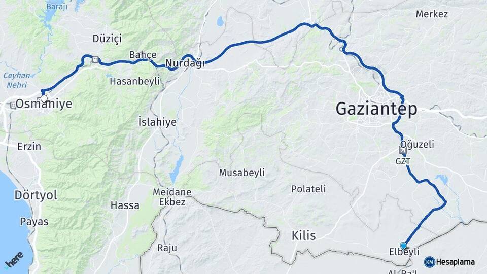 Kilis Elbeyli Osmaniye Arası Kaç Km - Yol Haritası