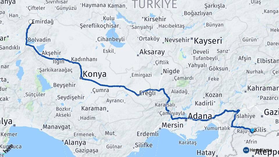 Kilis Emirdağ Afyonkarahisar Arası Kaç Km - Yol Haritası