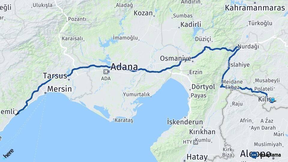 Kilis Erdemli Mersin Arası Kaç Km - Yol Haritası