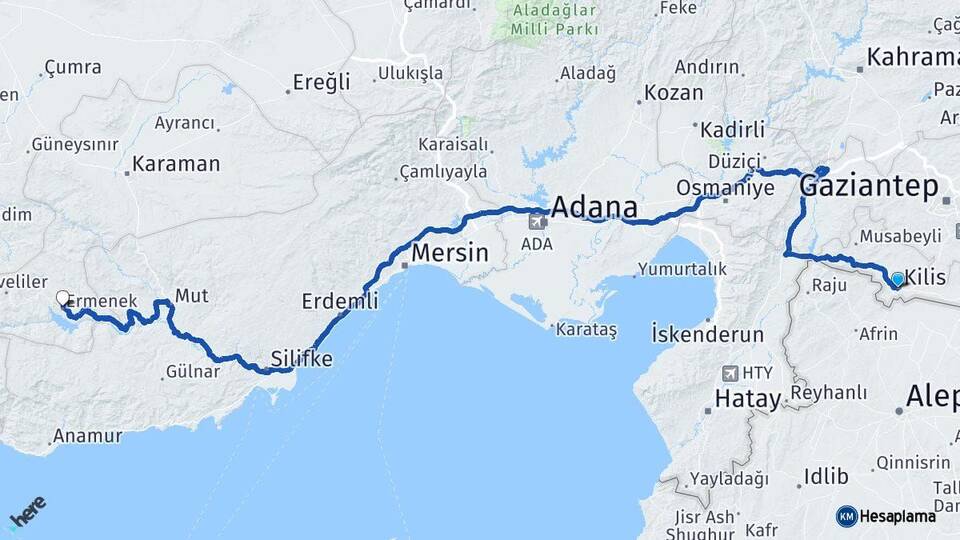 Kilis Ermenek Karaman Arası Kaç Km - Yol Haritası