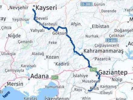Kilis Hacılar Kayseri Arası Kaç Km - Yol Haritası