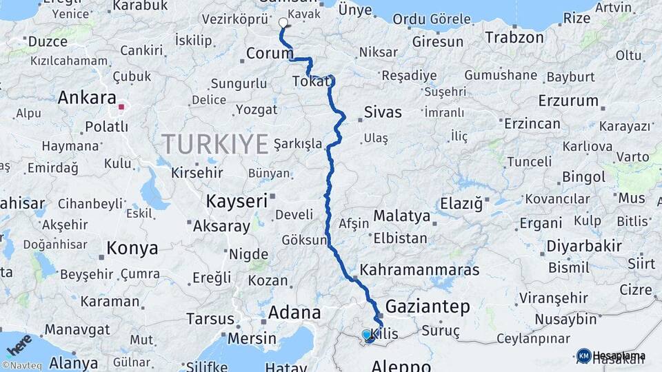 Kilis Havza Samsun Arası Kaç Km - Yol Haritası