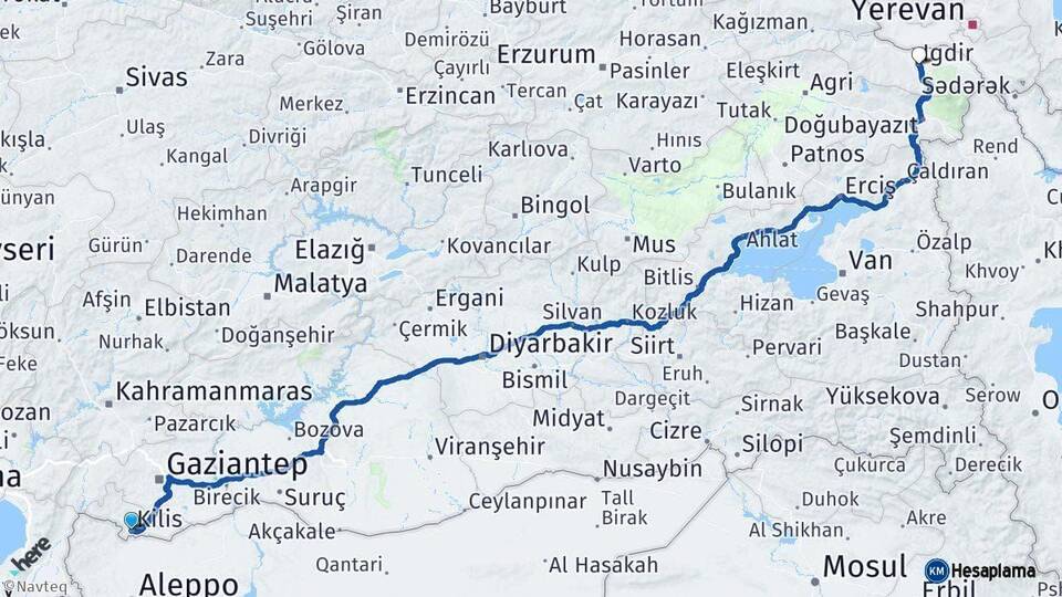 Kilis Iğdır Arası Kaç Km - Yol Haritası