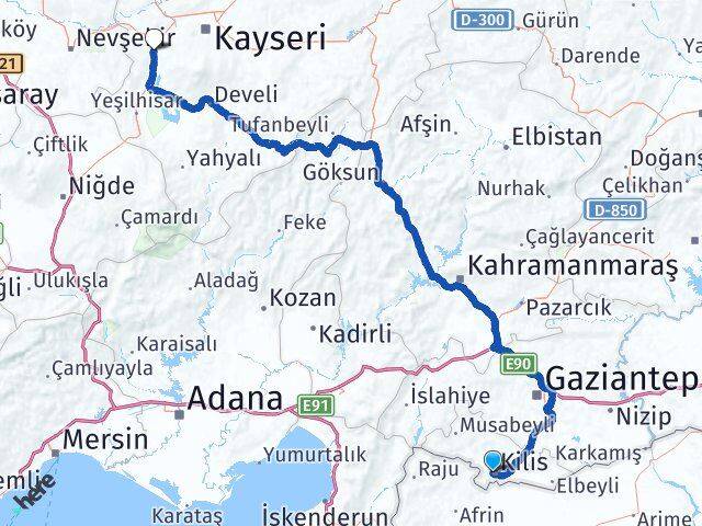 Kilis İncesu Kayseri Arası Kaç Km - Yol Haritası