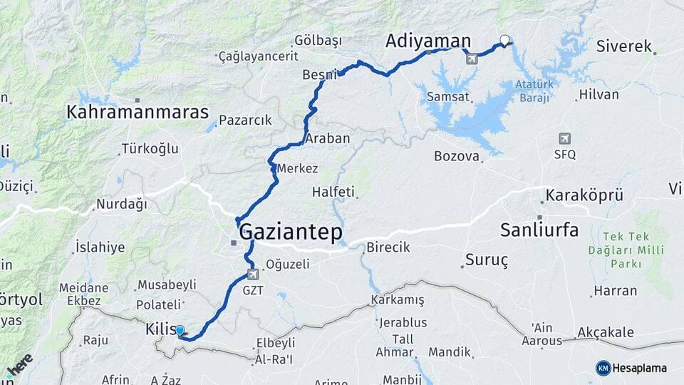 Kilis Kahta Adıyaman Arası Kaç Km - Yol Haritası