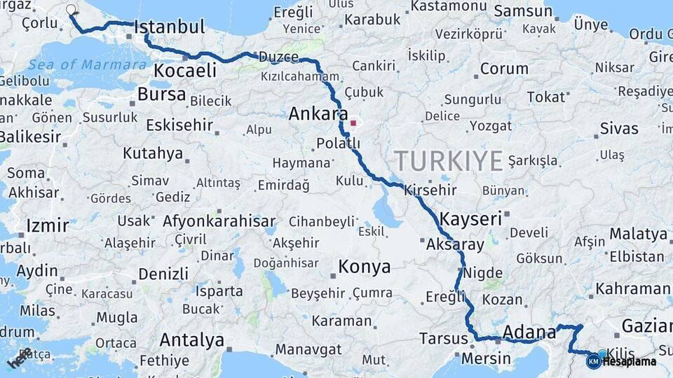 Kilis Kapaklı Tekirdağ Arası Kaç Km - Yol Haritası