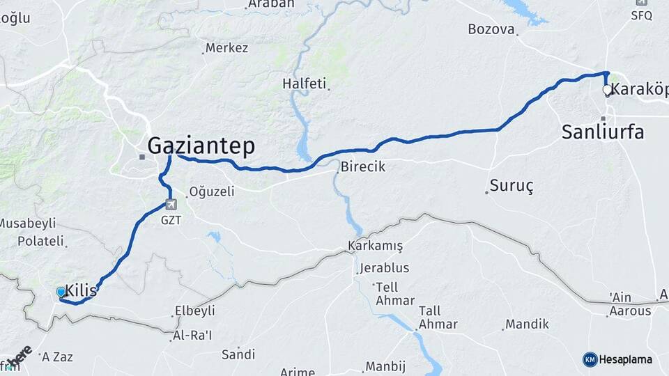 Kilis Karaköprü Şanlıurfa Arası Kaç Km - Yol Haritası