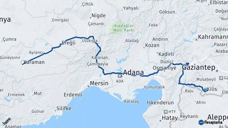 Kilis Karaman Arası Kaç Km - Yol Haritası