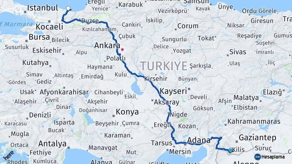 Kilis Karasu Sakarya Arası Kaç Km - Yol Haritası