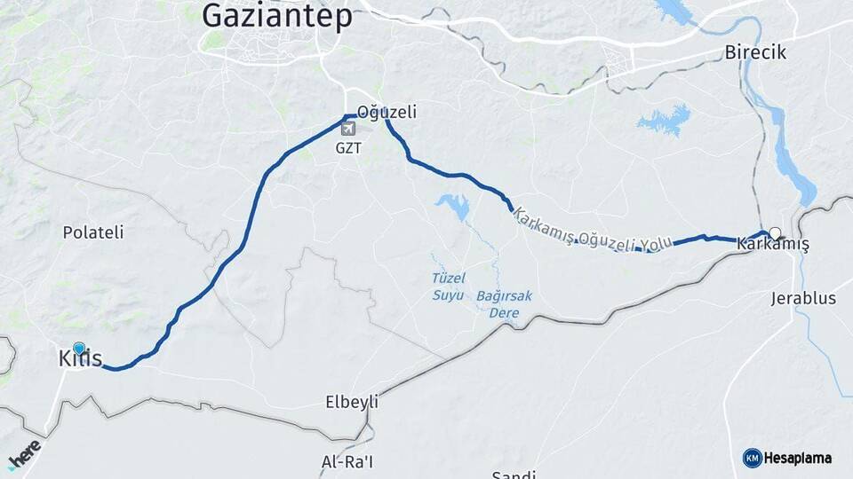 Kilis Karkamış Gaziantep Arası Kaç Km - Yol Haritası