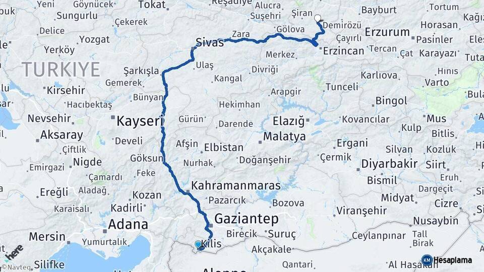 Kilis Kelkit Gümüşhane Arası Kaç Km - Yol Haritası
