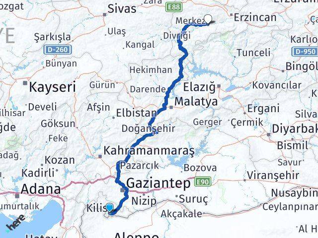 Kilis Kemah Erzincan Arası Kaç Km - Yol Haritası