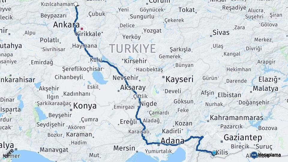 Kilis Kızılcahamam Ankara Arası Kaç Km - Yol Haritası