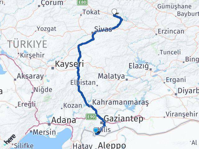 Kilis Koyulhisar Sivas Arası Kaç Km - Yol Haritası
