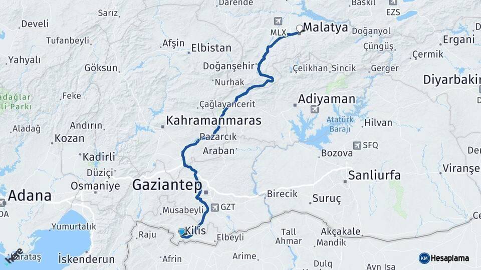 Kilis Malatya Arası Kaç Km - Yol Haritası