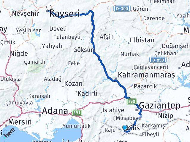 Kilis Melikgazi Kayseri Arası Kaç Km - Yol Haritası