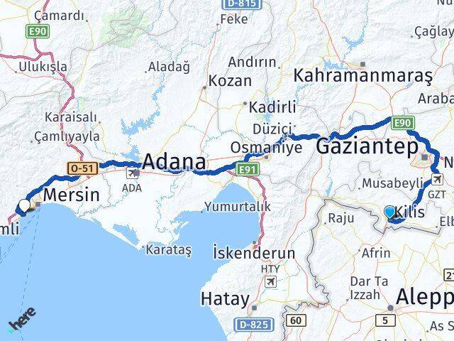 Kilis Mezitli Mersin Arası Kaç Km - Yol Haritası