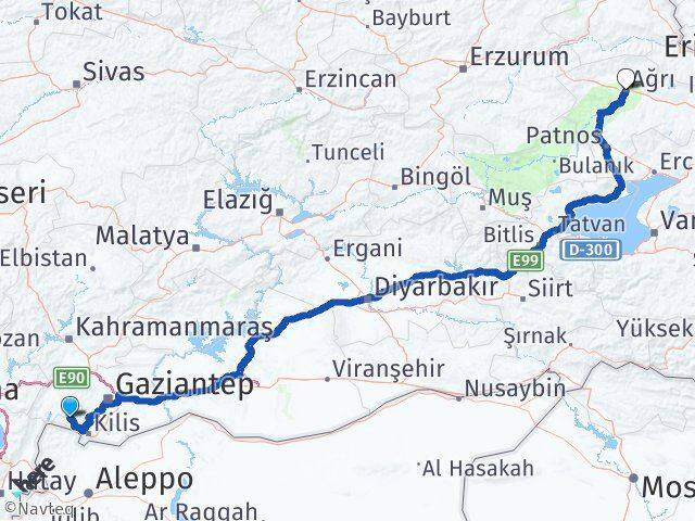 Kilis Musabeyli Ağrı Arası Kaç Km - Yol Haritası