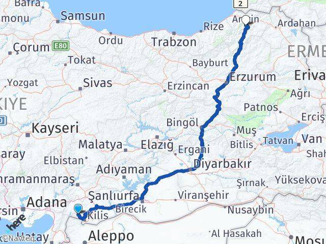 Kilis Musabeyli Artvin Arası Kaç Km - Yol Haritası
