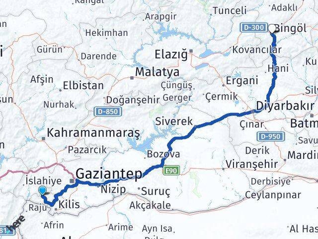 Kilis Musabeyli Bingöl Arası Kaç Km - Yol Haritası