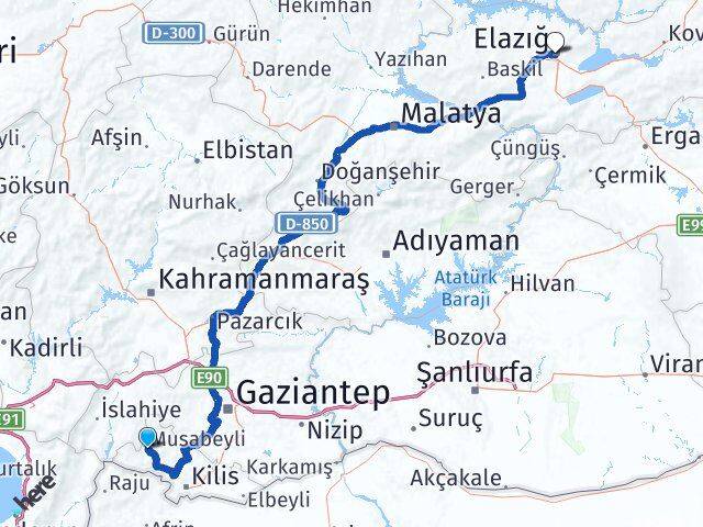 Kilis Musabeyli Elazığ Arası Kaç Km - Yol Haritası