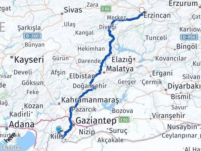 Kilis Musabeyli Erzincan Arası Kaç Km - Yol Haritası