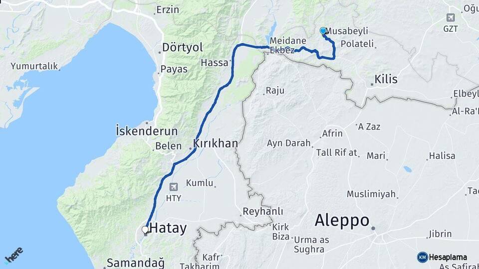 Kilis Musabeyli Hatay Arası Kaç Km - Yol Haritası