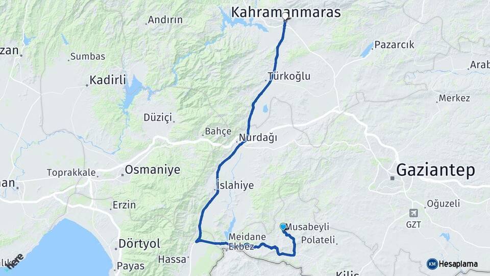 Kilis Musabeyli Kahramanmaraş Arası Kaç Km - Yol Haritası