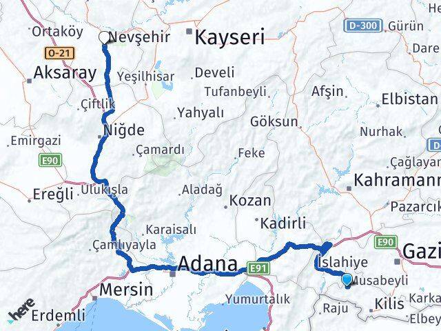 Kilis Musabeyli Nevşehir Arası Kaç Km - Yol Haritası