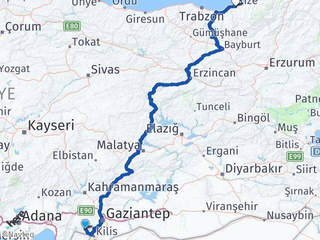 Kilis Musabeyli Rize Arası Kaç Km - Yol Haritası