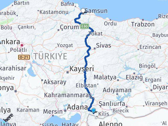 Kilis Musabeyli Samsun Arası Kaç Km - Yol Haritası