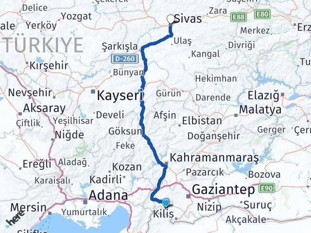 Kilis Musabeyli Sivas Arası Kaç Km - Yol Haritası