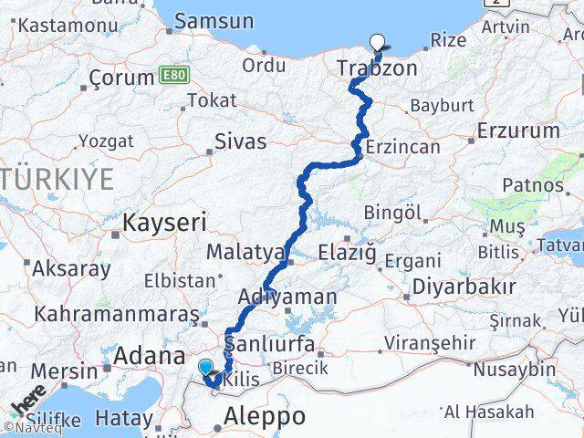 Kilis Musabeyli Trabzon Arası Kaç Km - Yol Haritası