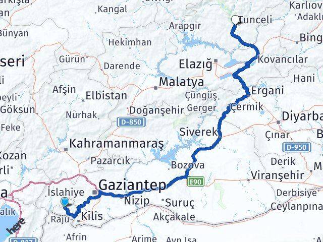 Kilis Musabeyli Tunceli Arası Kaç Km - Yol Haritası