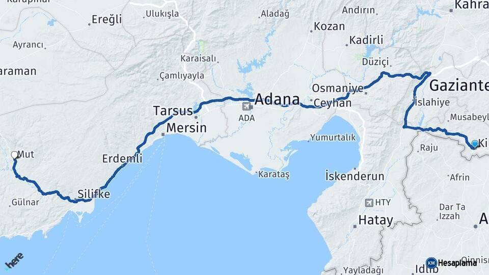 Kilis Mut Mersin Arası Kaç Km - Yol Haritası