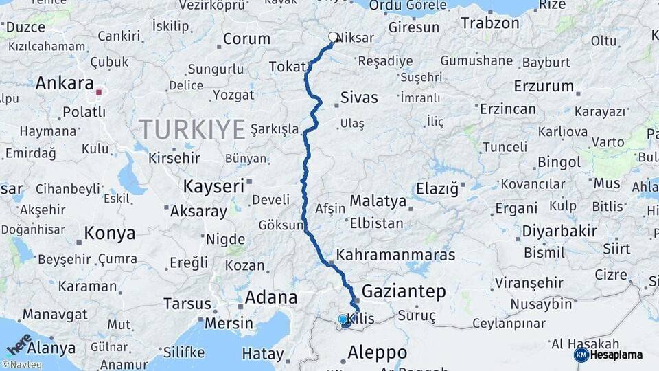 Kilis Niksar Tokat Arası Kaç Km - Yol Haritası