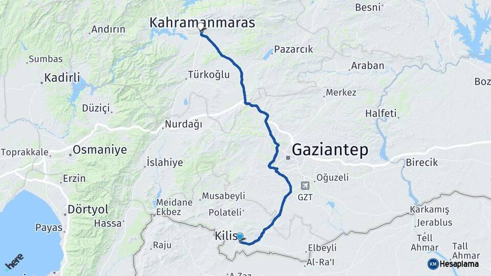 Kilis Onikişubat Kahramanmaraş Arası Kaç Km - Yol Haritası