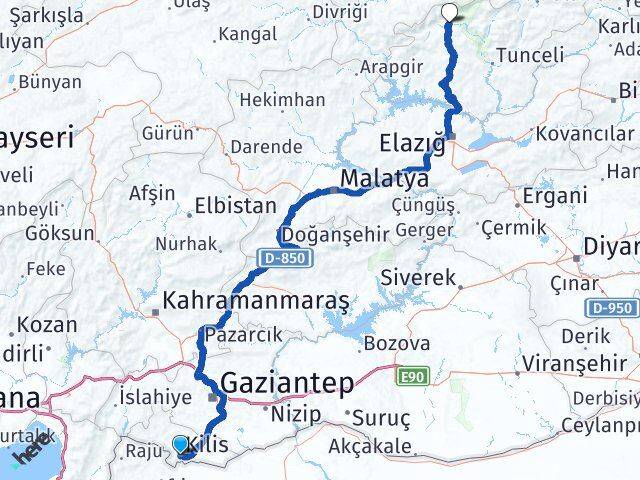 Kilis Ovacık Tunceli Arası Kaç Km - Yol Haritası