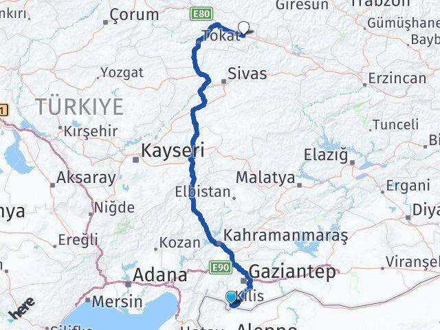 Kilis Reşadiye Tokat Arası Kaç Km - Yol Haritası