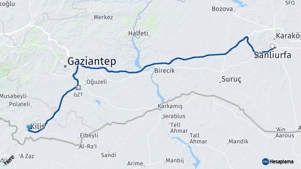Kilis Şanlıurfa Arası Kaç Km - Yol Haritası