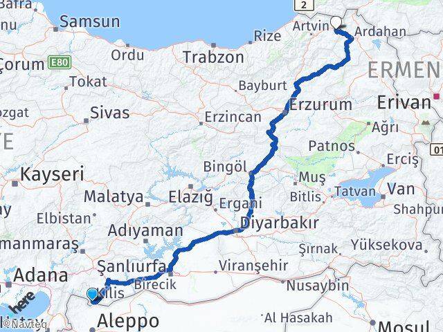 Kilis Şavşat Artvin Arası Kaç Km - Yol Haritası