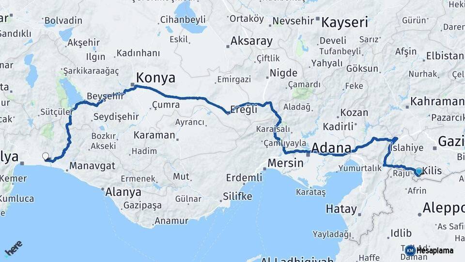 Kilis Serik Antalya Arası Kaç Km - Yol Haritası
