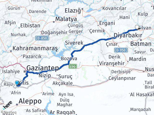 Kilis Silvan Diyarbakır Arası Kaç Km - Yol Haritası