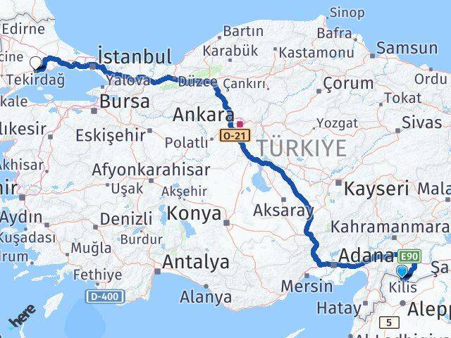 Kilis Süleymanpaşa Tekirdağ Arası Kaç Km - Yol Haritası