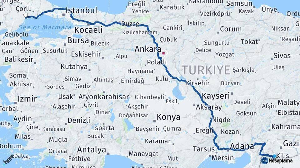 Kilis Tekirdağ Arası Kaç Km - Yol Haritası