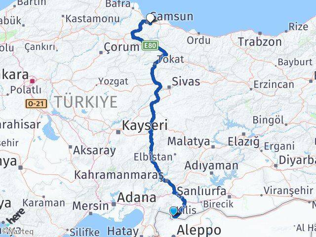Kilis Tekkeköy Samsun Arası Kaç Km - Yol Haritası