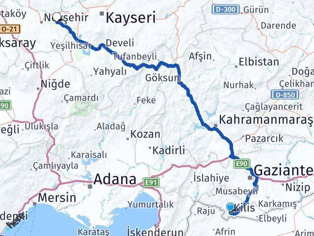 Kilis Ürgüp Nevşehir Arası Kaç Km - Yol Haritası