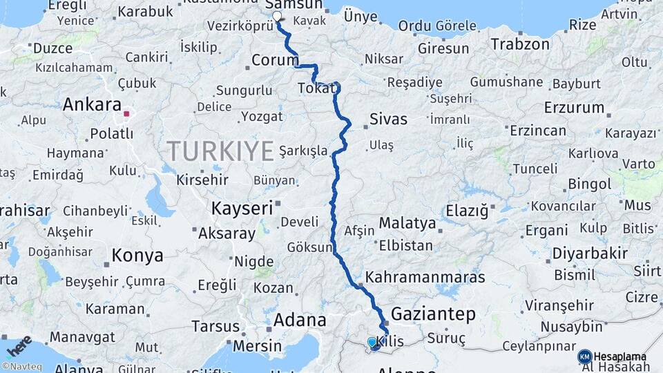 Kilis Vezirköprü Samsun Arası Kaç Km - Yol Haritası