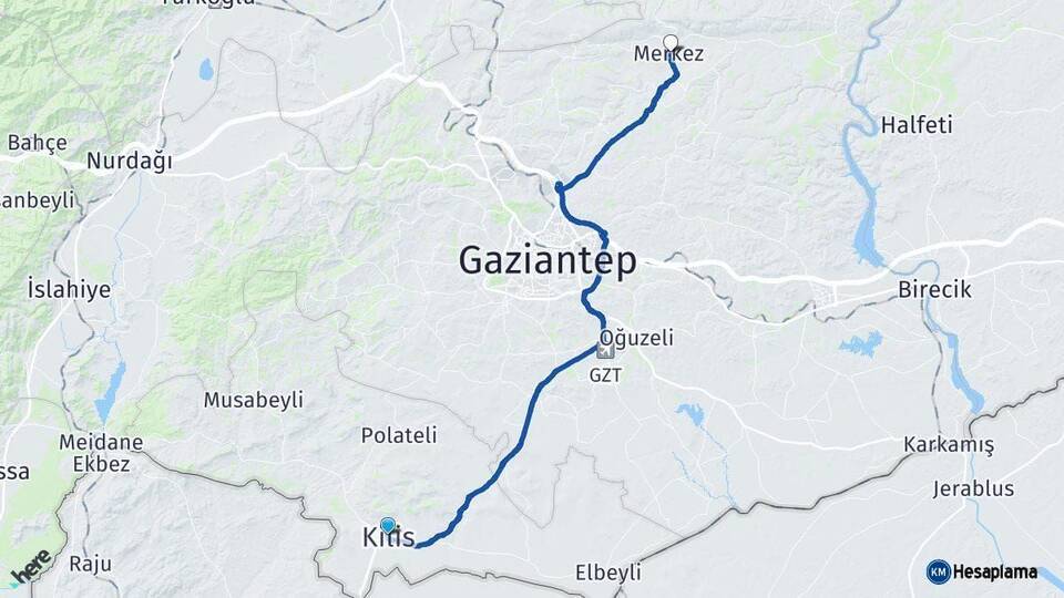 Kilis Yavuzeli Gaziantep Arası Kaç Km - Yol Haritası