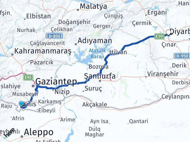 Kilis Yenişehir Diyarbakır Arası Kaç Km - Yol Haritası
